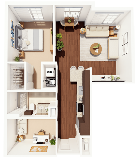 Floor plan for 1 bed, 1 bath, 864 sqft